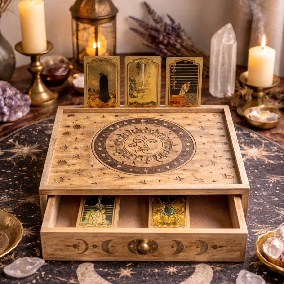 Krabička na tarot so zásuvkou – Slnko a mesiac