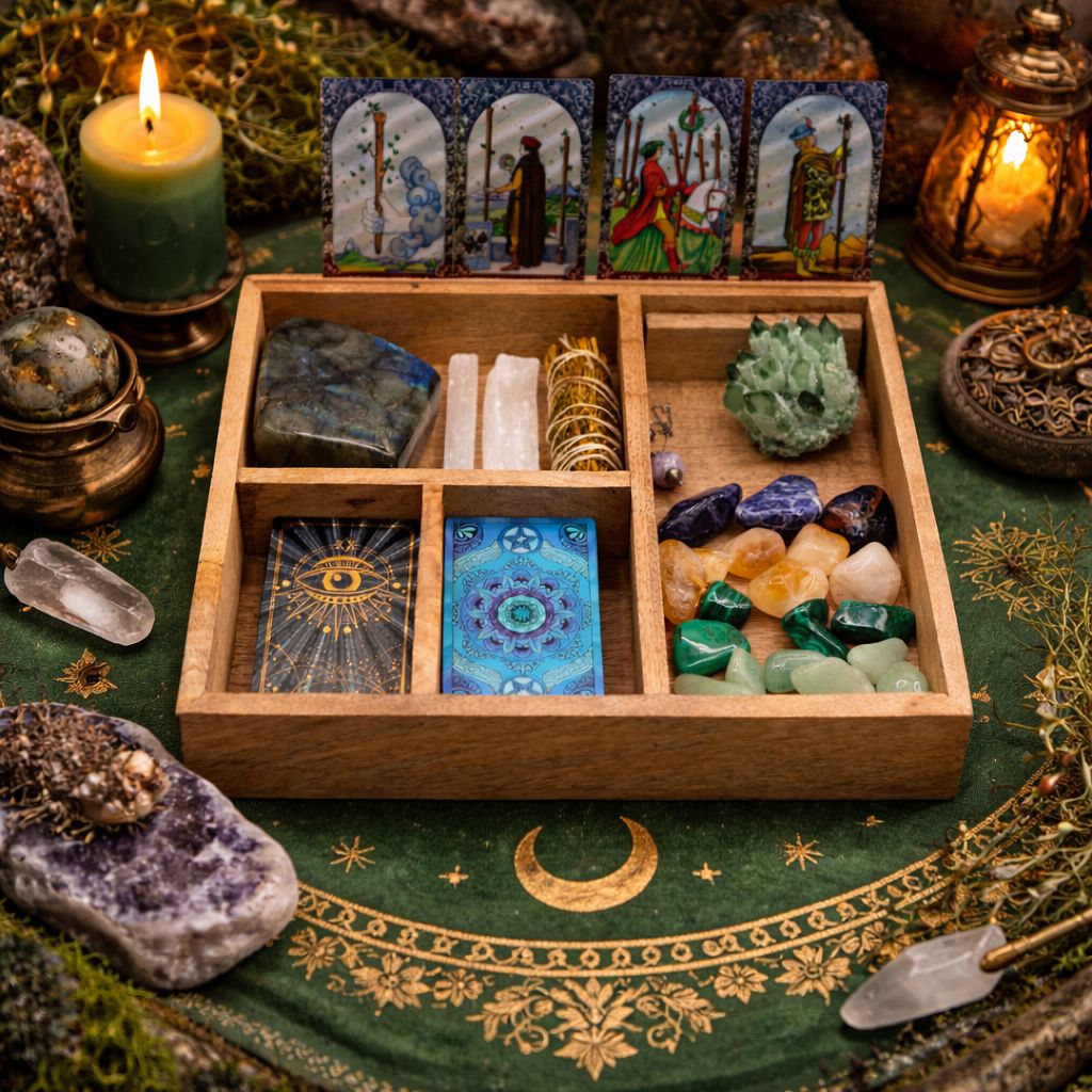 Organizér na tarot z mangového dreva – štyri priehradky