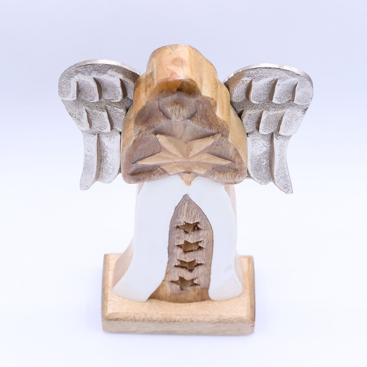 Veľký Anjel Hviezda z Mangového Dreva a Kovovými Krídlami &amp; Smaltovaný Detail - 30cm