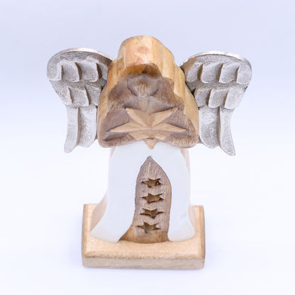 Veľký Anjel Hviezda z Mangového Dreva a Kovovými Krídlami &amp; Smaltovaný Detail - 30cm