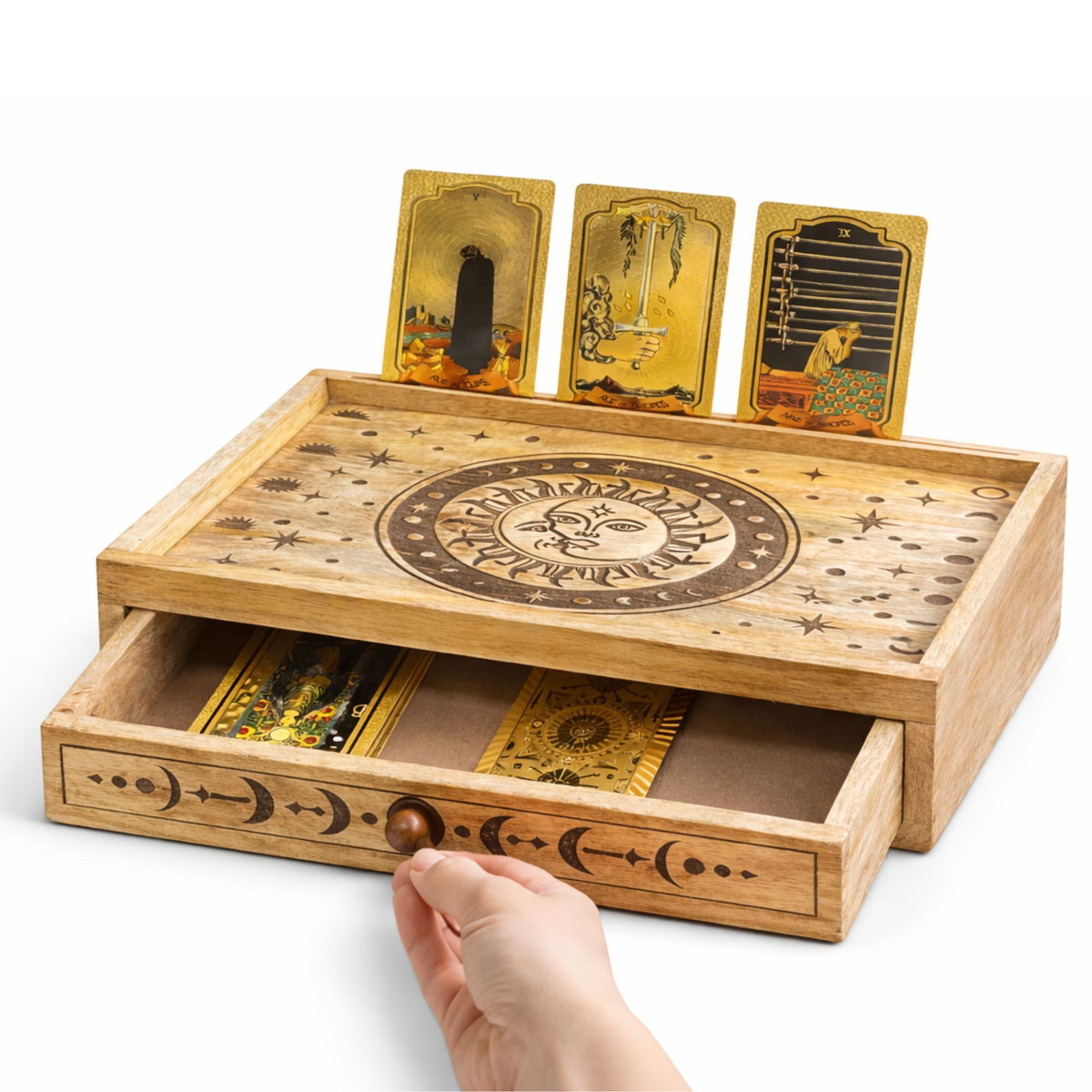 Krabička na tarot so zásuvkou – Slnko a mesiac