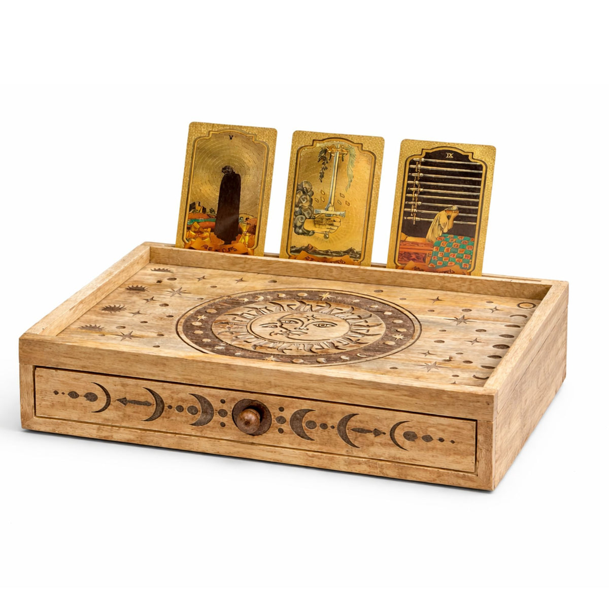 Krabička na tarot so zásuvkou – Slnko a mesiac