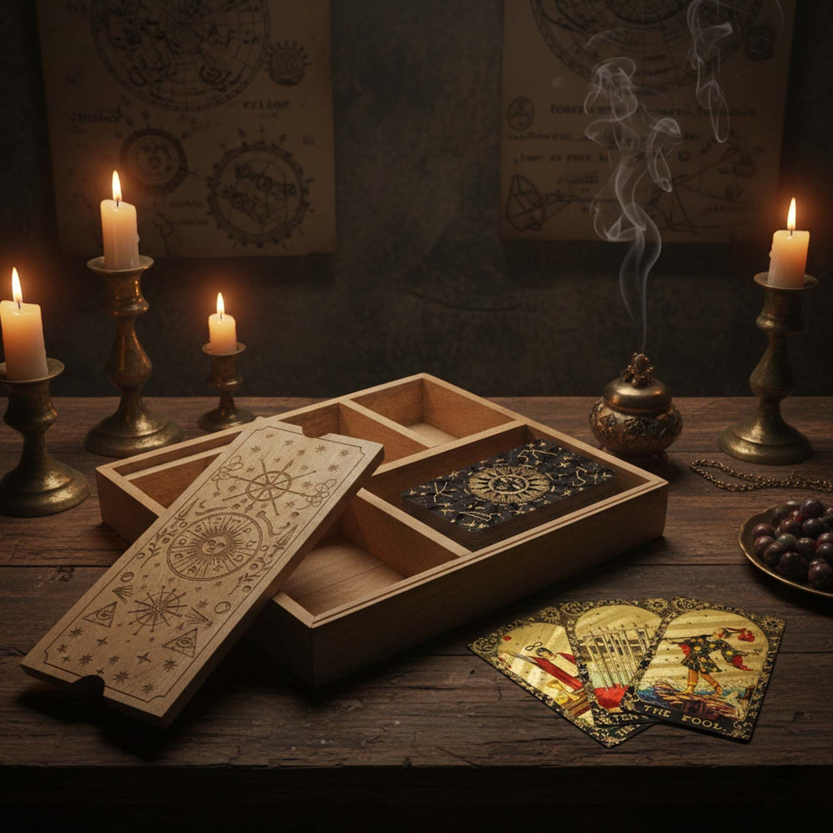 Krabička na tarot so štyrmi priehradkami – rytý motív